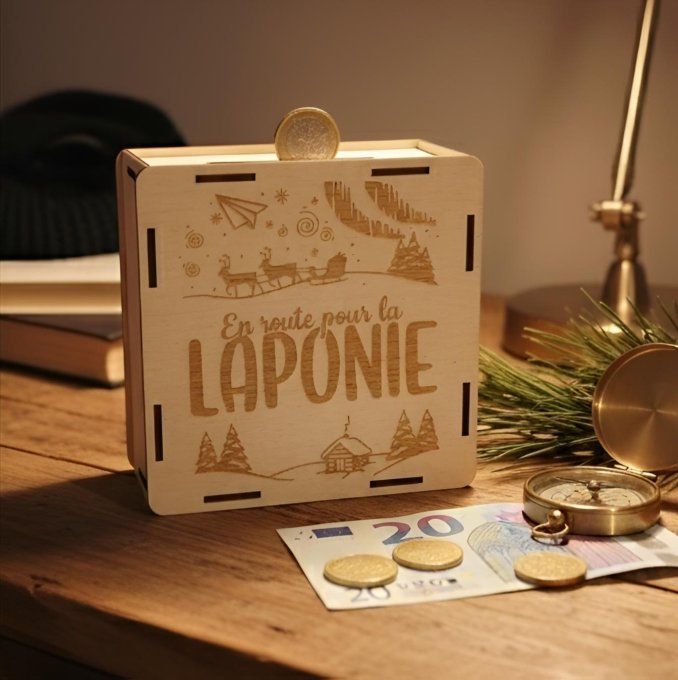 Tirelire en Bois "En route pour la Laponie" – Objectif 1000€