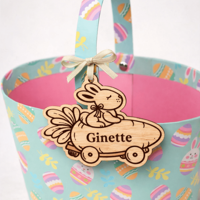 Étiquette de panier de Pâques personnalisée – lapin en bois avec prénom