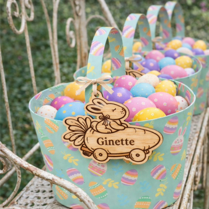 Étiquette de panier de Pâques personnalisée – lapin en bois avec prénom