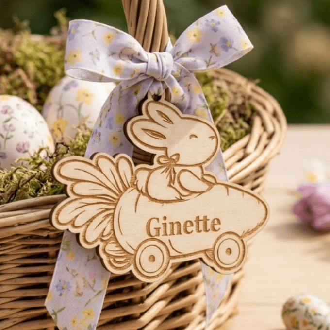 Étiquette de panier de Pâques personnalisée – lapin en bois avec prénom