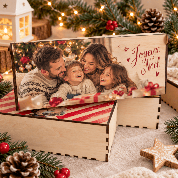 Boîte à chocolats de Noël personnalisée en bois – 24 chocolats