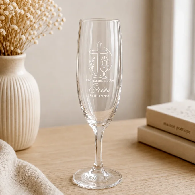 Flûte à champagne personnalisée profession de foi avec motif religieux et prénom