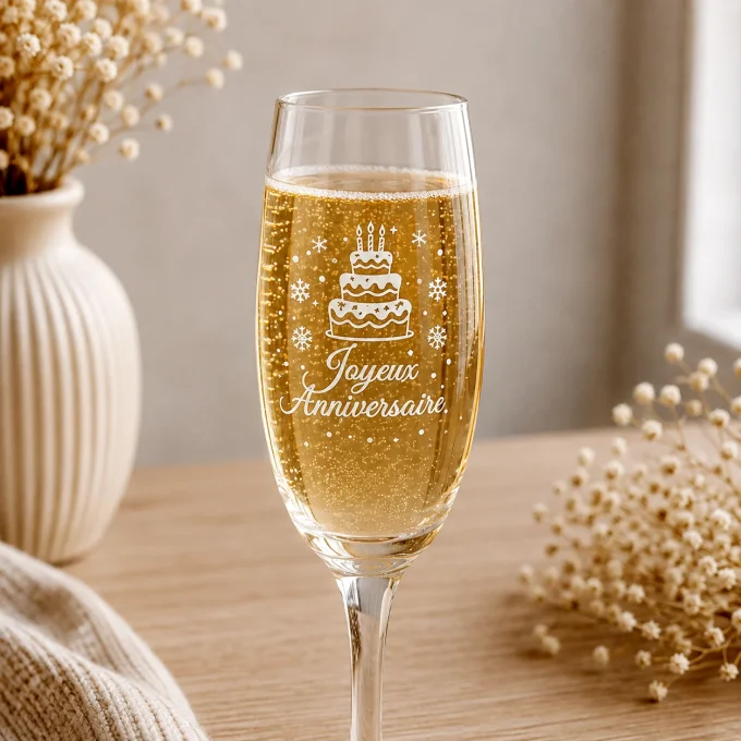 Flûte à champagne personnalisée joyeux anniversaire avec motif gâteau