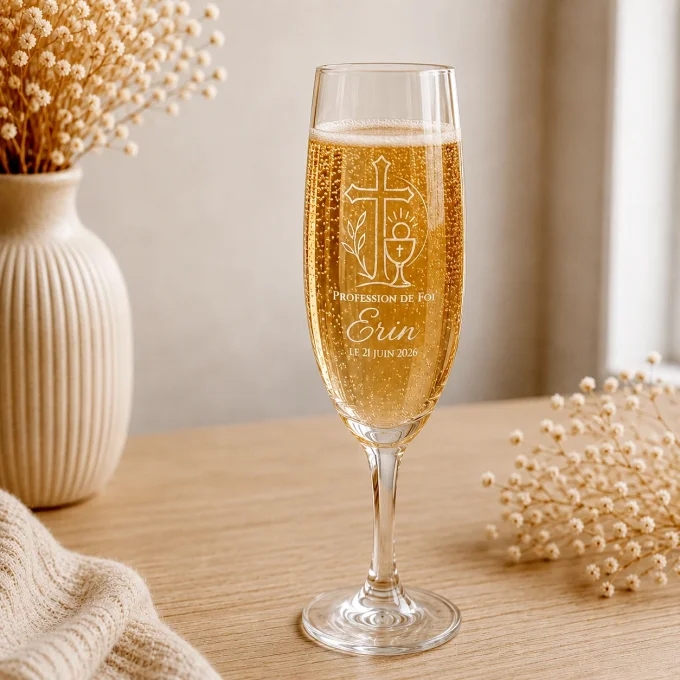 Flûte à champagne personnalisée pour profession de foi avec prénom et date gravés