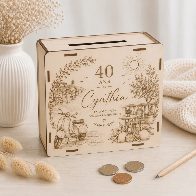 Tirelire objectif anniversaire Dolce Vita personnalisée avec prénom et âge gravés sur bois.