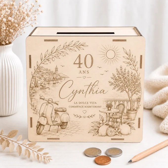 Tirelire en bois Dolce Vita personnalisée pour un anniversaire avec prénom gravé.
