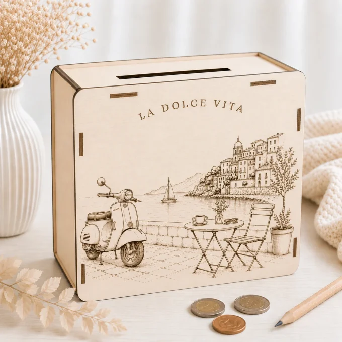Tirelire objectif Dolce Vita en bois gravée avec scooter italien, terrasse méditerranéenne et villag
