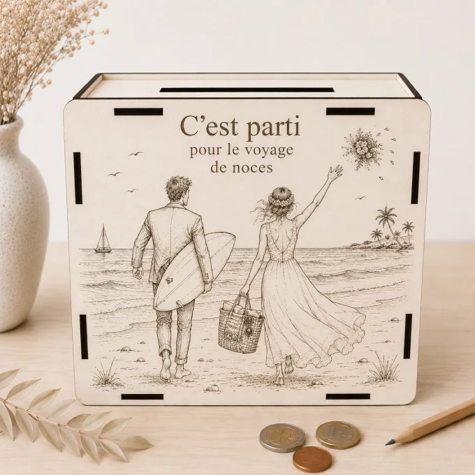 Tirelire objectif voyage de noces en bois gravée représentant un couple préparant sa lune de miel.