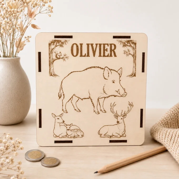 Tirelire personnalisée sur mesure avec prénom gravé et illustrations sur le thème de la nature et de