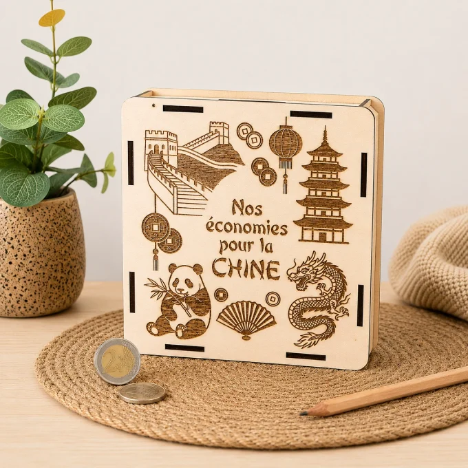 Tirelire personnalisée sur mesure en bois gravée sur le thème de la Chine avec illustrations et text