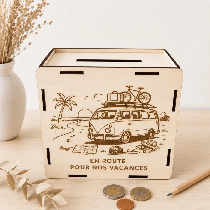 Exemple de tirelire personnalisée sur mesure en bois pour financer un projet de voyage.