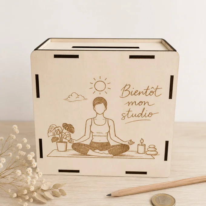Exemple de tirelire personnalisée sur mesure créée autour d'un projet de studio de yoga.