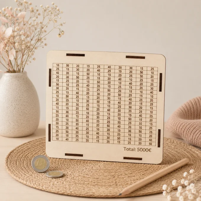 Grille d'épargne gravée au dos d'une tirelire personnalisée sur mesure avec objectif de 5000 euros.