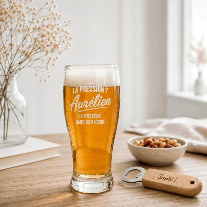 Verre à bière personnalisé avec prénom, idéal comme cadeau pour un amateur de bière.