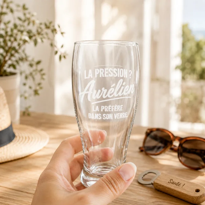 Verre à bière personnalisé avec prénom et texte gravés.