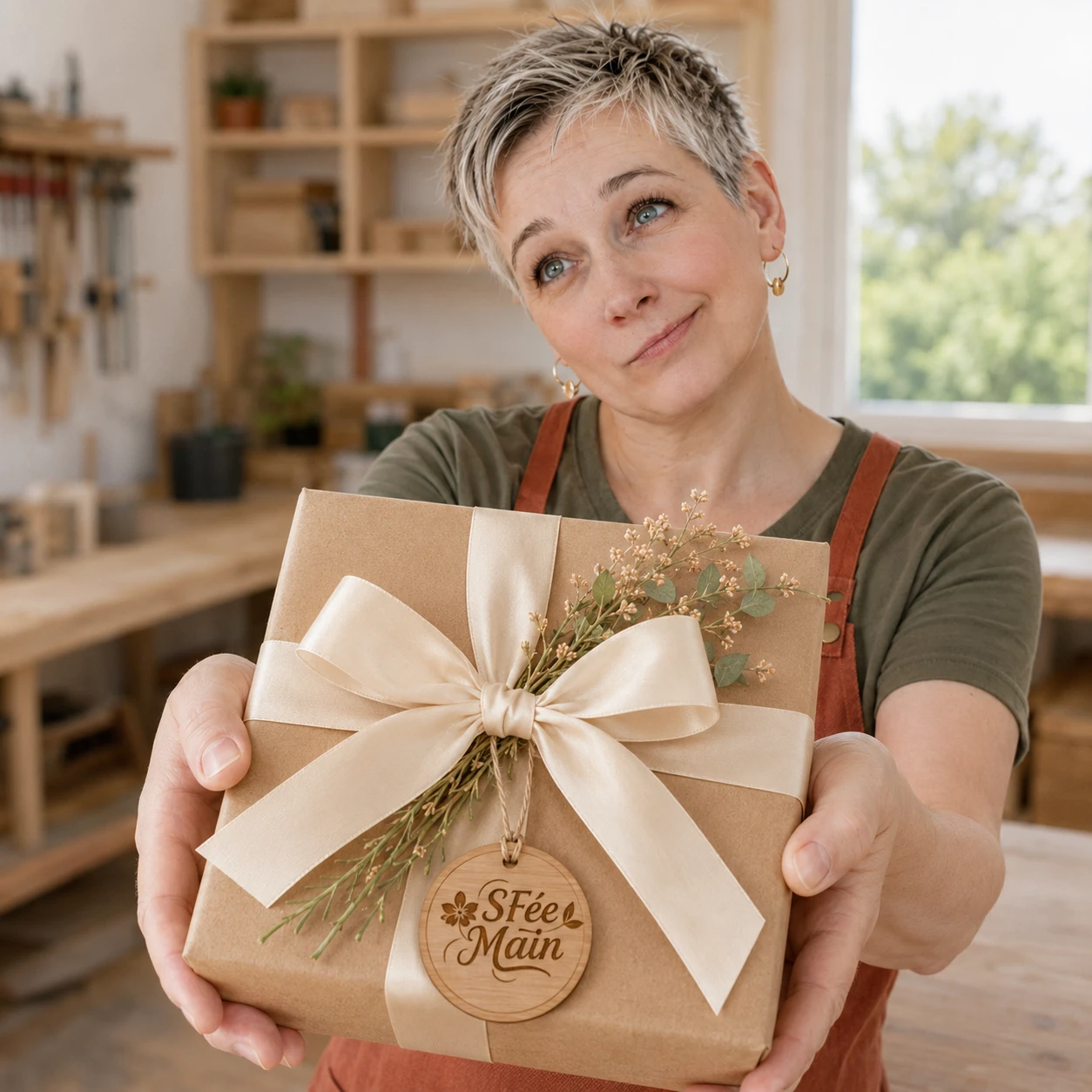 Stéphanie présentant un cadeau personnalisé artisanal réalisé dans son atelier en Picardie.